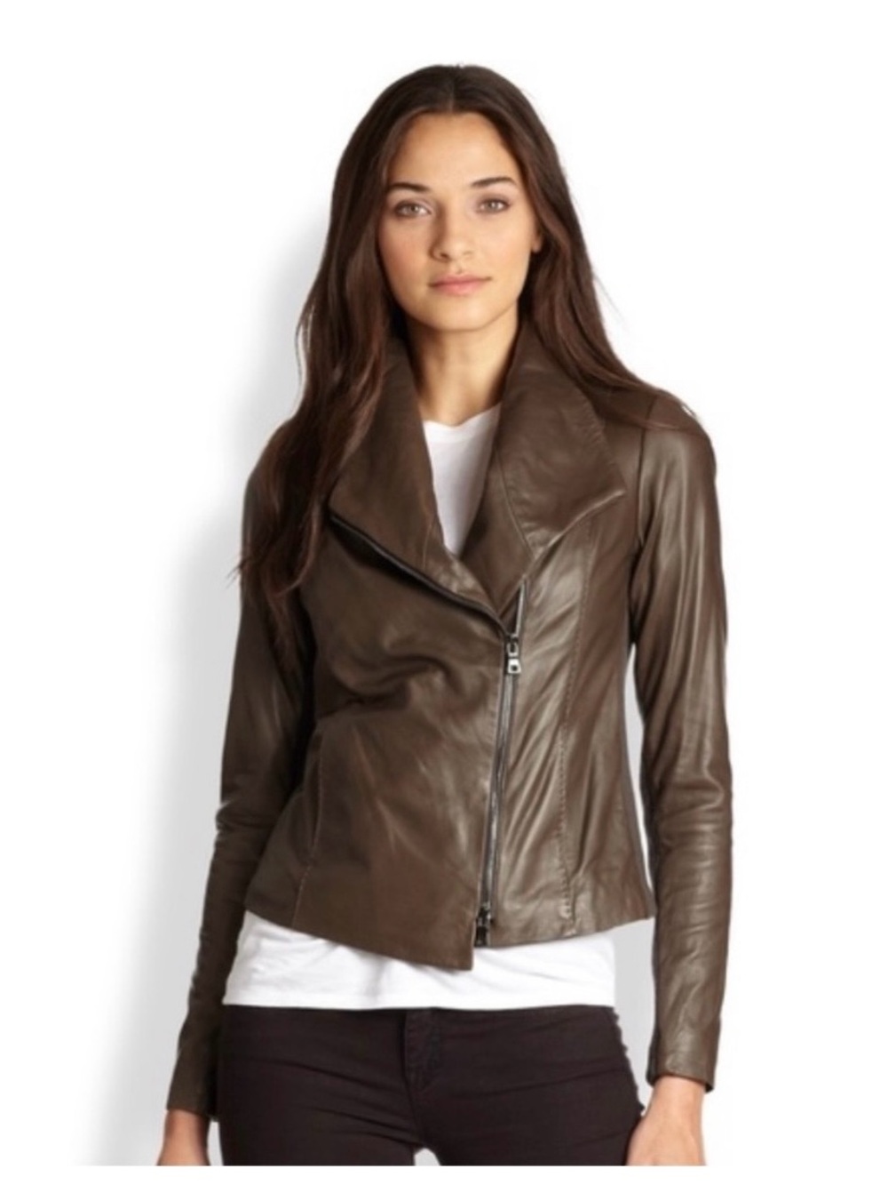 Vince Olive Leather Asymmetrical Scuba Zip Jacket Size Small